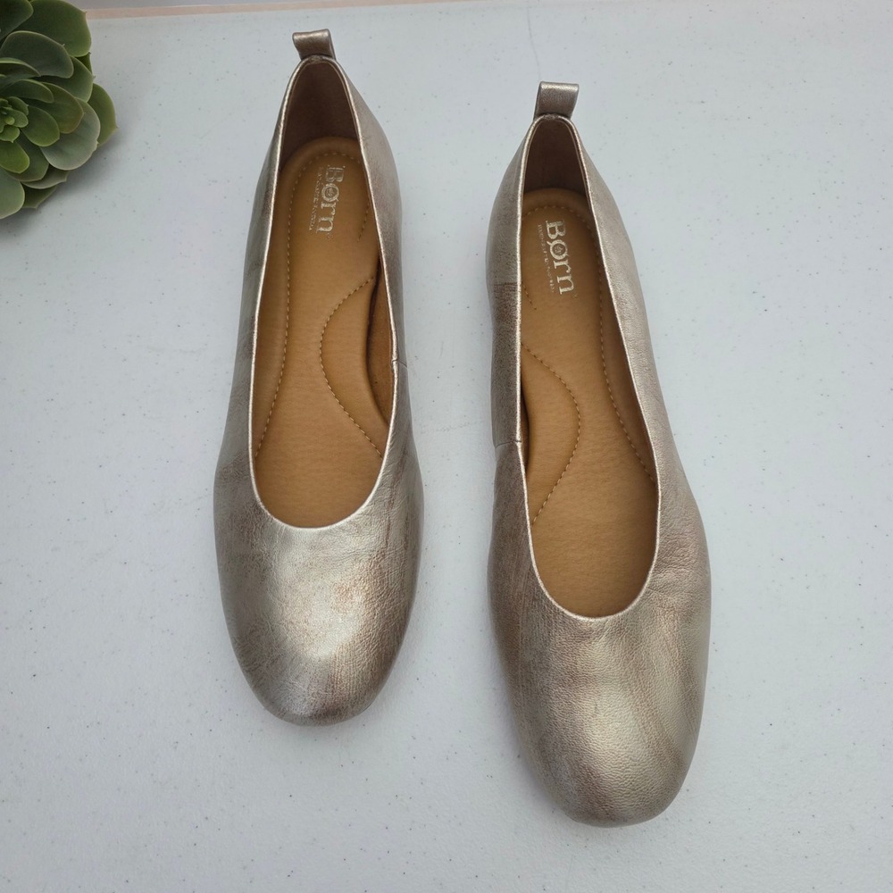 Born Ballet Flats Women 10 Metallic Gold Excellent Leather Round Toe BR0064130